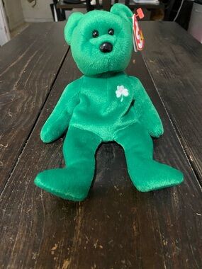 Ty Green Plush Bear with White Shamrock Embroidery